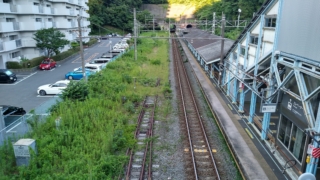 JR横須賀線 田浦駅の陸橋から。左端の線路が相模運輸倉庫専用線/米軍田浦専用線跡