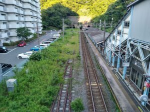 JR横須賀線 田浦駅の陸橋から。左端の線路が相模運輸倉庫専用線/米軍田浦専用線跡